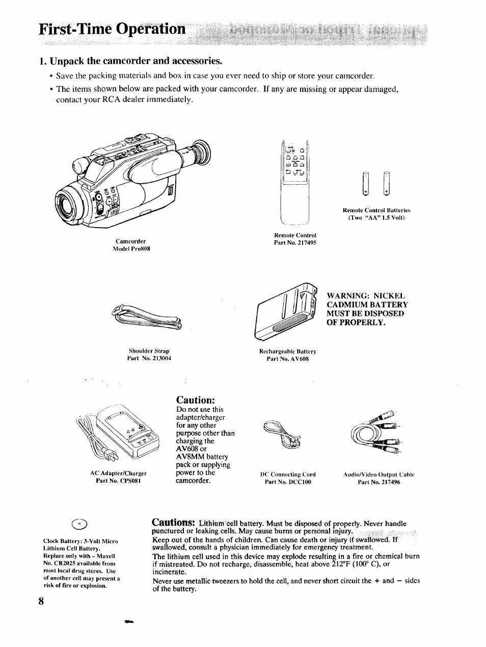 Unpack the camcorder and accessories, Caution, First-time operation | RCA P46729 User Manual | Page 10 / 44