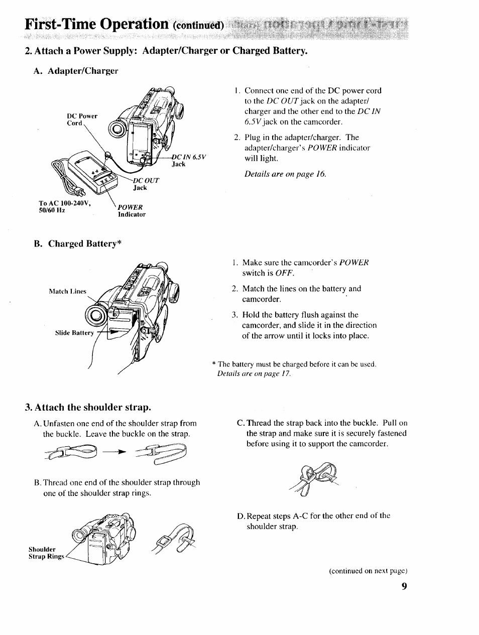 A. adapter/charger, B. charged battery, Attach the shoulder strap | First-time operation | RCA P46729 User Manual | Page 11 / 44