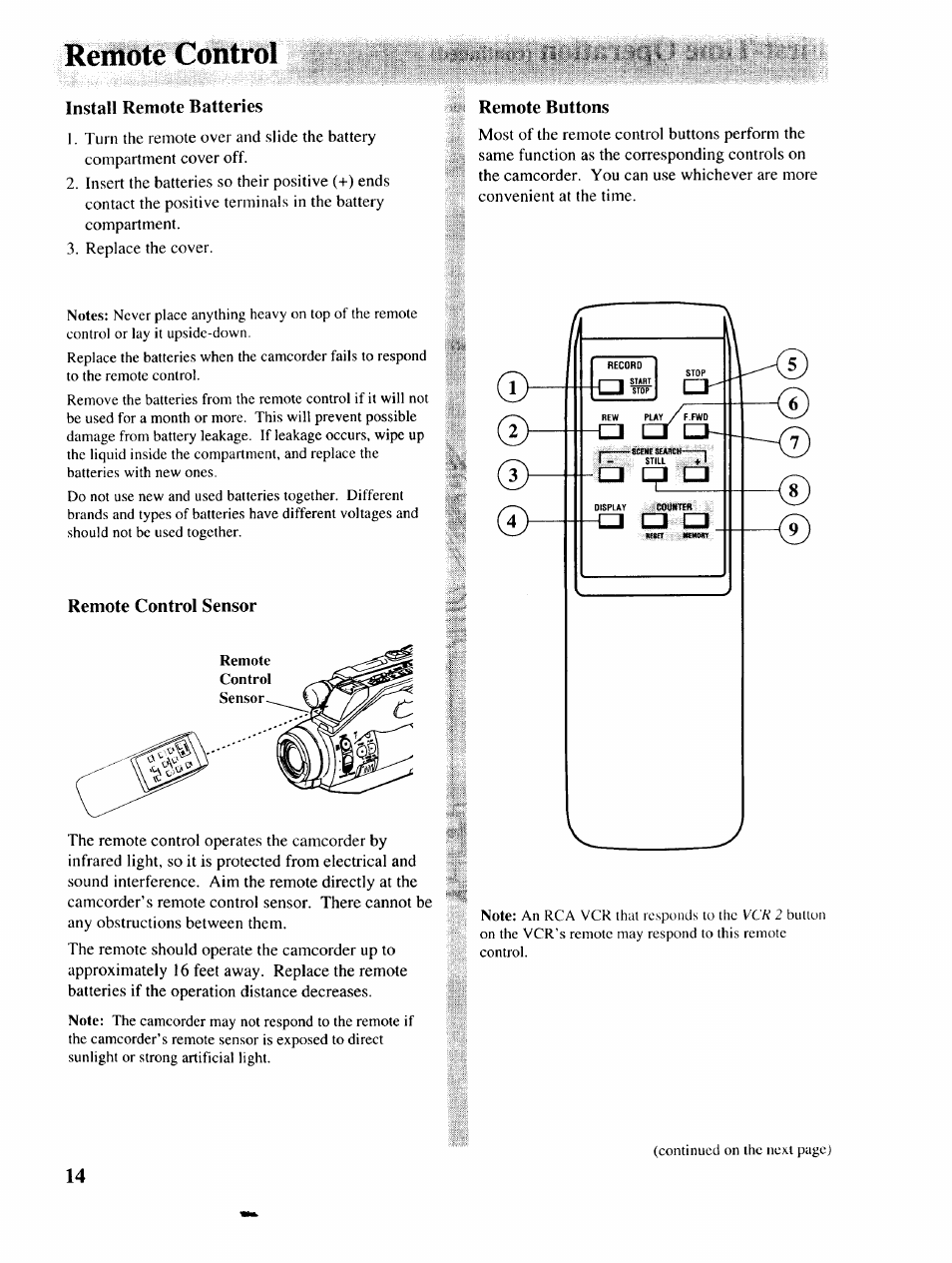Remote control, Install remote batteries, Remote buttons | Remote control sensor | RCA P46729 User Manual | Page 16 / 44