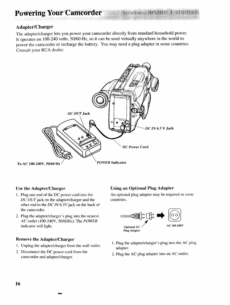 Adapter/charger, Use the adapter/charger, Remove the adapter/charger | Using an optional plug adapter, Powering your camcorder | RCA P46729 User Manual | Page 18 / 44