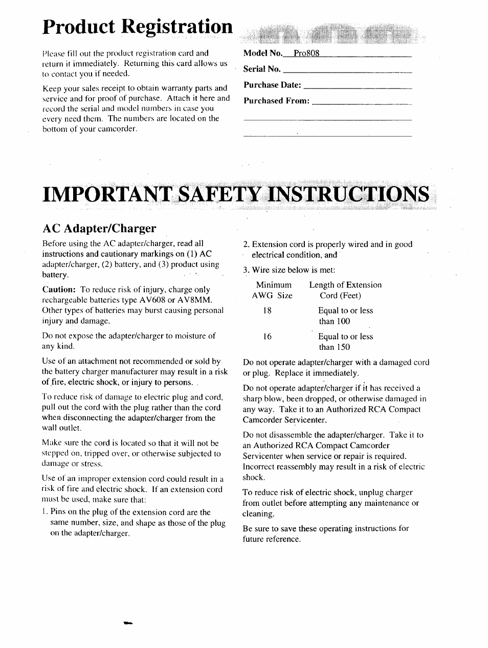 Ac adapter/charger, Product registration, Important safety instructions | RCA P46729 User Manual | Page 2 / 44