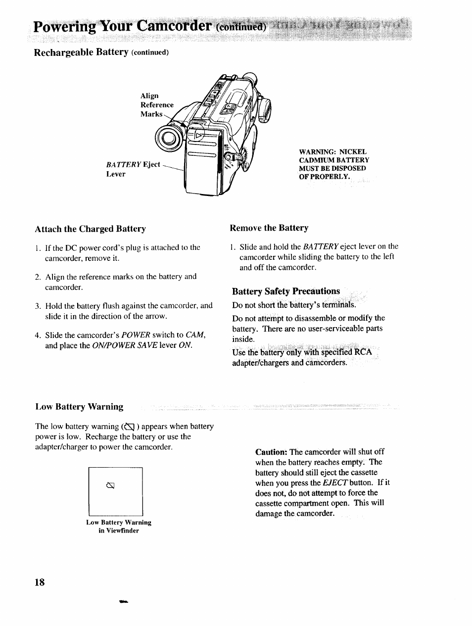 Rechargeable battery (continued), Battery safety precautions, Powering your camcorder | RCA P46729 User Manual | Page 20 / 44