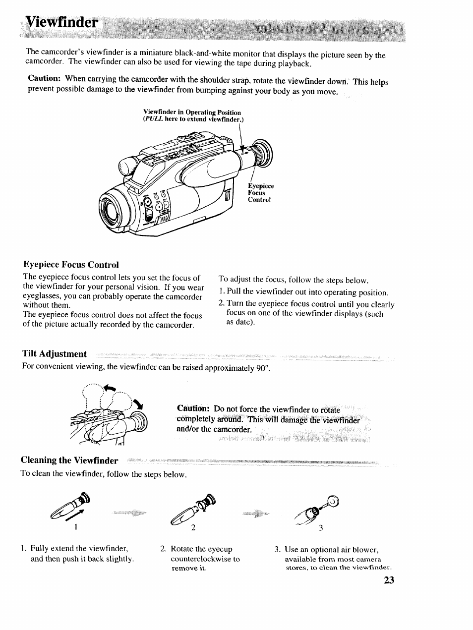 Viewfinder, Eyepiece focus control, Tilt adjustment | Cleaning the viewfinder | RCA P46729 User Manual | Page 25 / 44