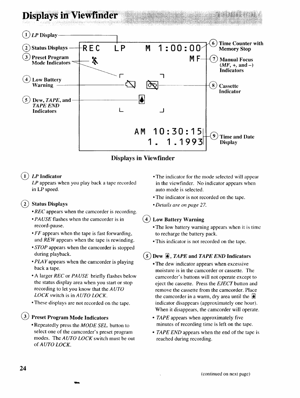 Displays in viewfinder | RCA P46729 User Manual | Page 26 / 44