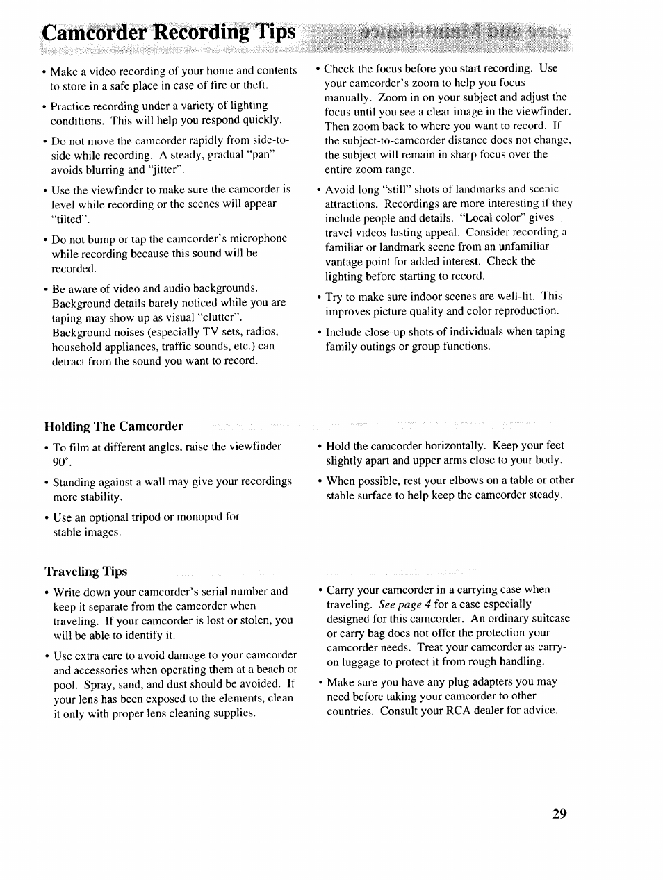 Camcorder recording tips, Holding the camcorder, Traveling tips | RCA P46729 User Manual | Page 31 / 44