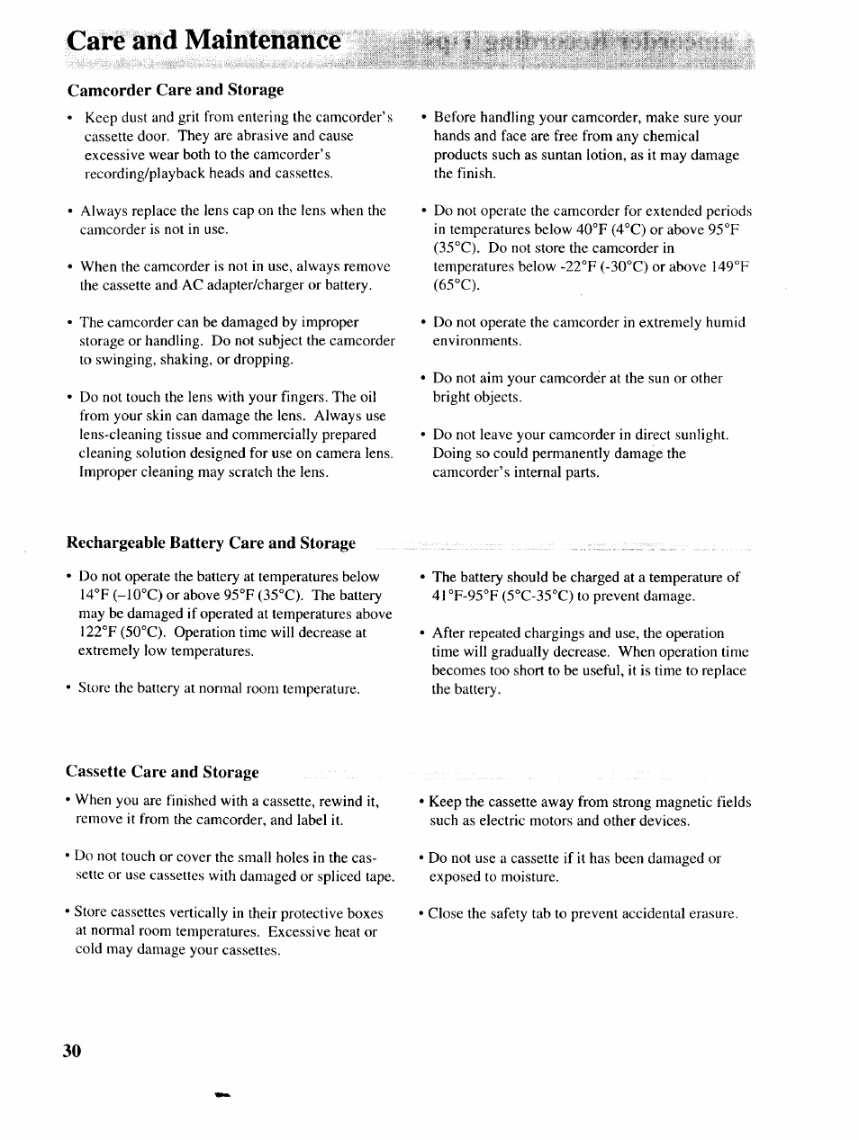 Care and maintenance, Camcorder care and storage, Rechargeable battery care and storage | Cassette care and storage, Iiil | RCA P46729 User Manual | Page 32 / 44