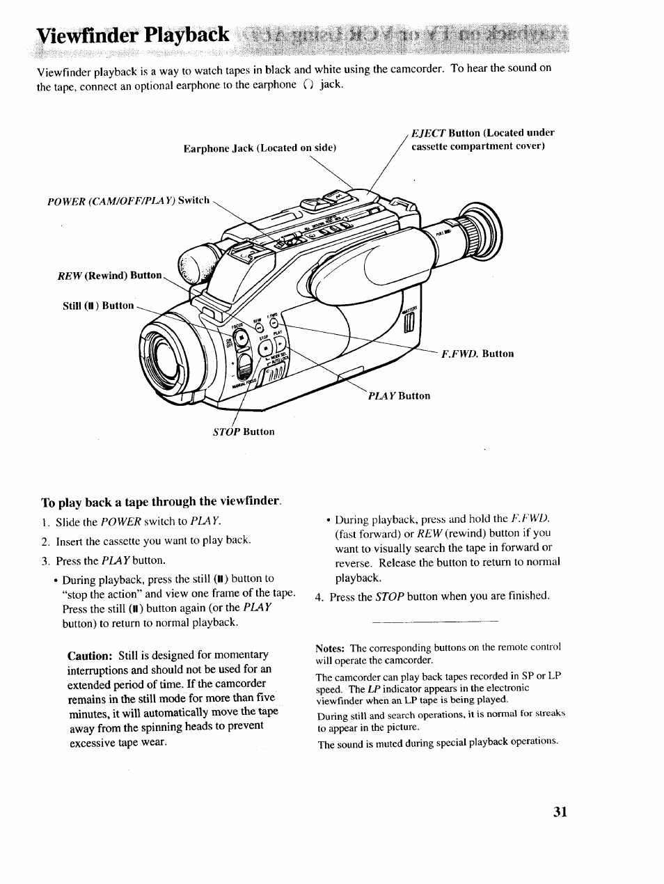 Yiewfindef playback ^ 1^5 1, To play back a tape through the viewfinder, Yiewfindef playback | RCA P46729 User Manual | Page 33 / 44