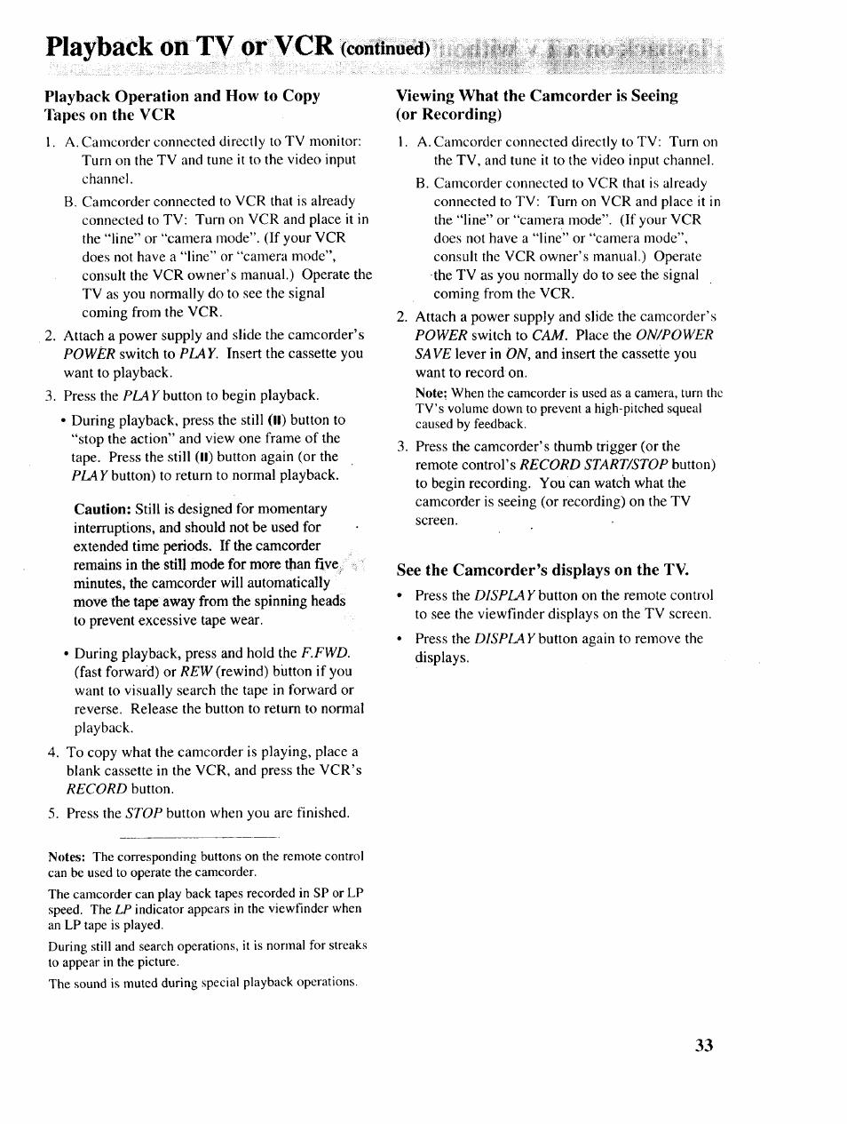 Viewing what the camcorder is seeing, Or recording), See the camcorder’s displays on the tv | Playback on tv or vcr (continued) | RCA P46729 User Manual | Page 35 / 44