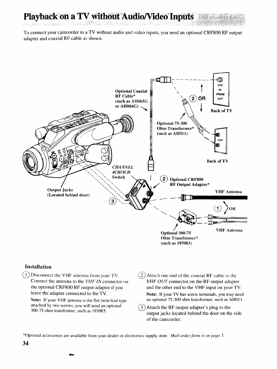 Playback on a tv without audioa^ideoinputs, Installation | RCA P46729 User Manual | Page 36 / 44