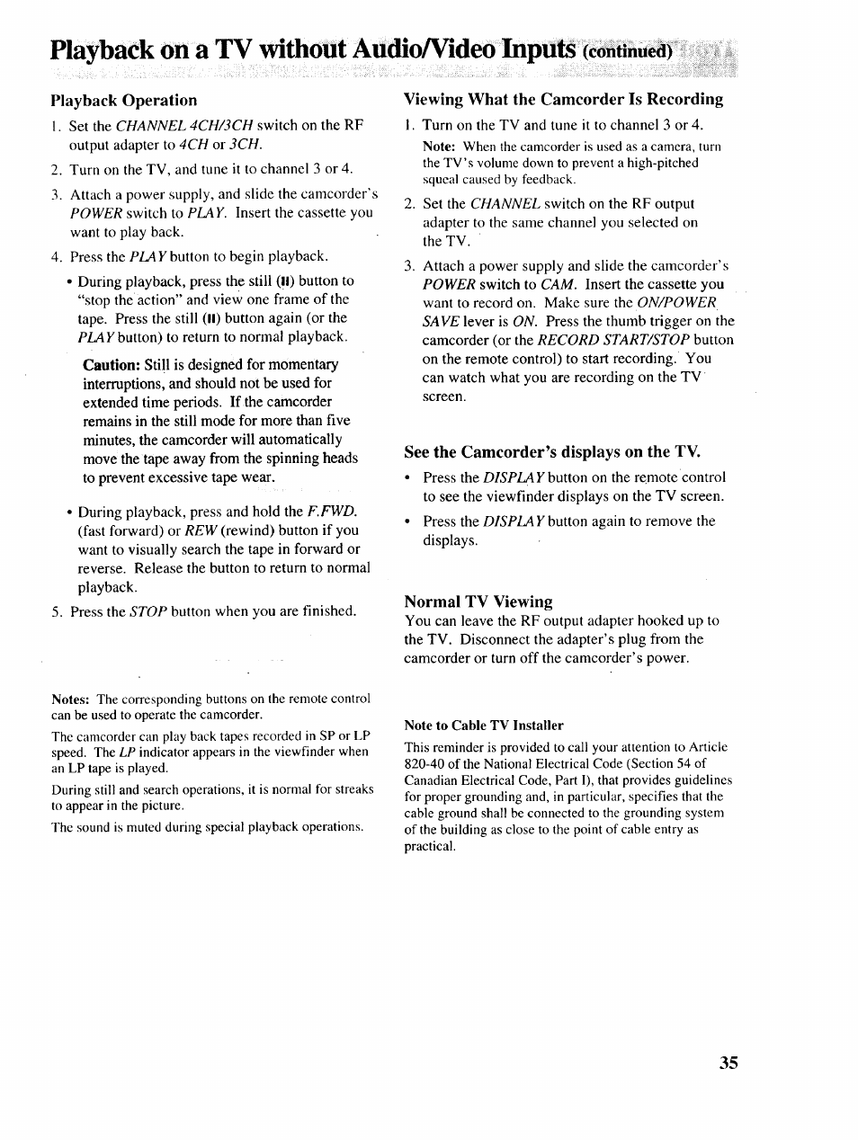 Playback on a tv without audioaldeo inputs, Continued) | RCA P46729 User Manual | Page 37 / 44