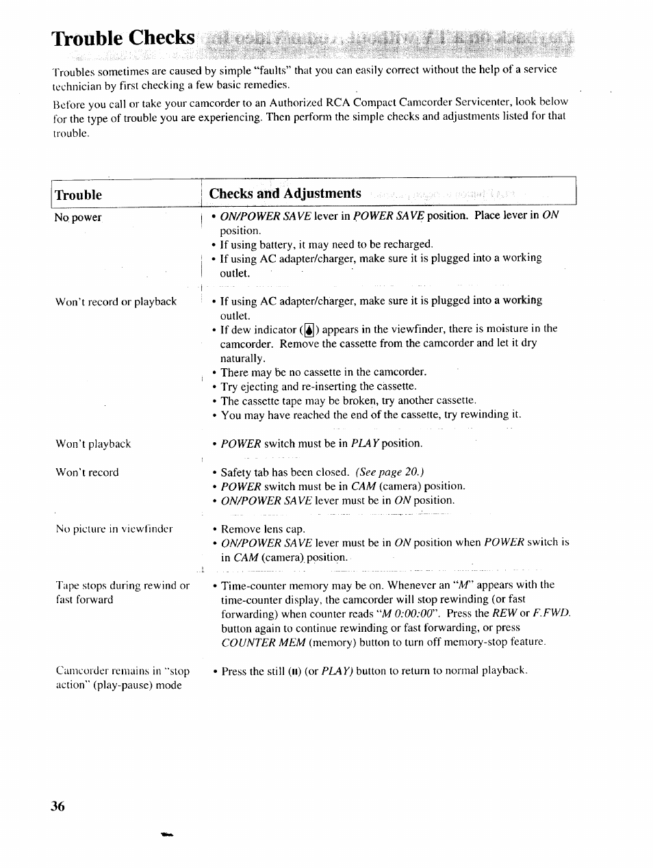 Trouble checks, Trouble, Checks and adjustments | RCA P46729 User Manual | Page 38 / 44