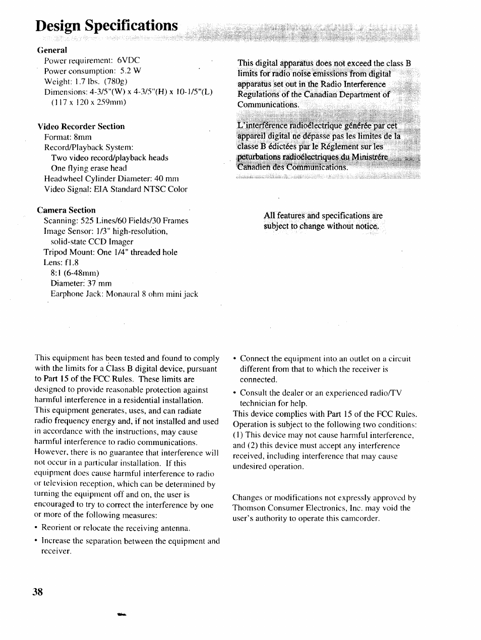 Design specifications | RCA P46729 User Manual | Page 40 / 44