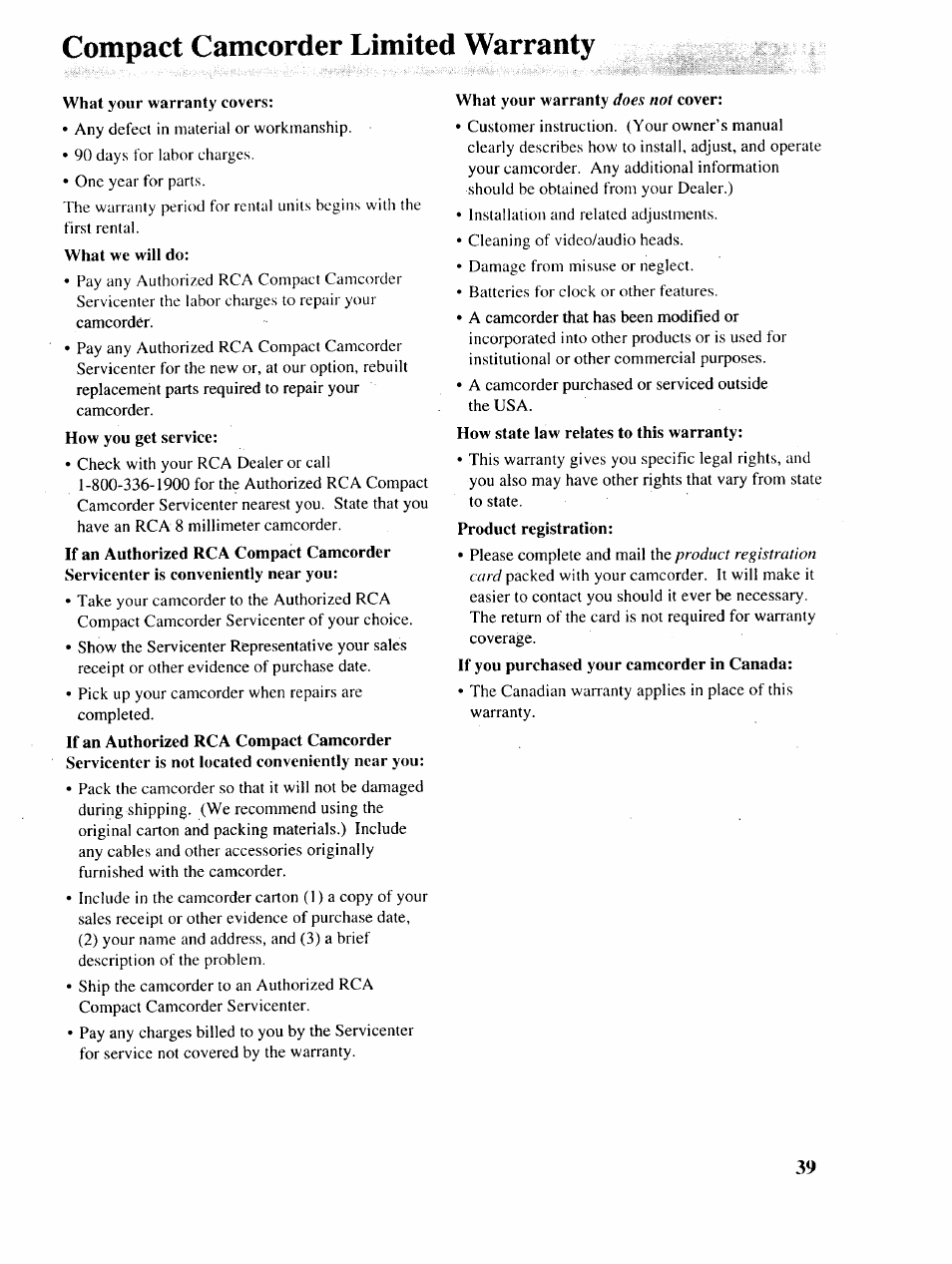 Compact camcorder limited warranty | RCA P46729 User Manual | Page 41 / 44