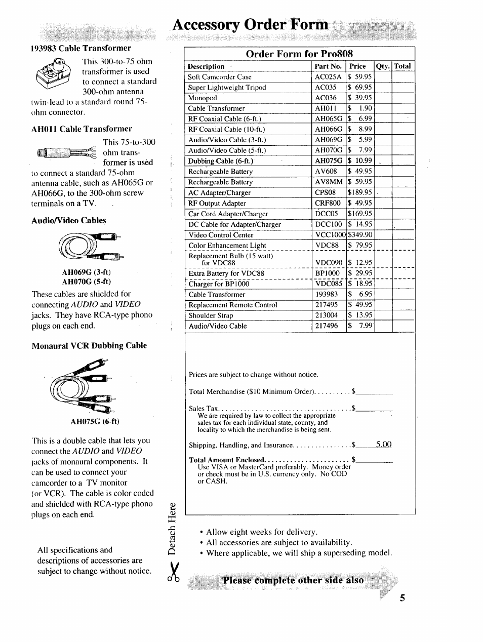 Accessory order form, Order form for pro808, Please complete other side also | RCA P46729 User Manual | Page 7 / 44