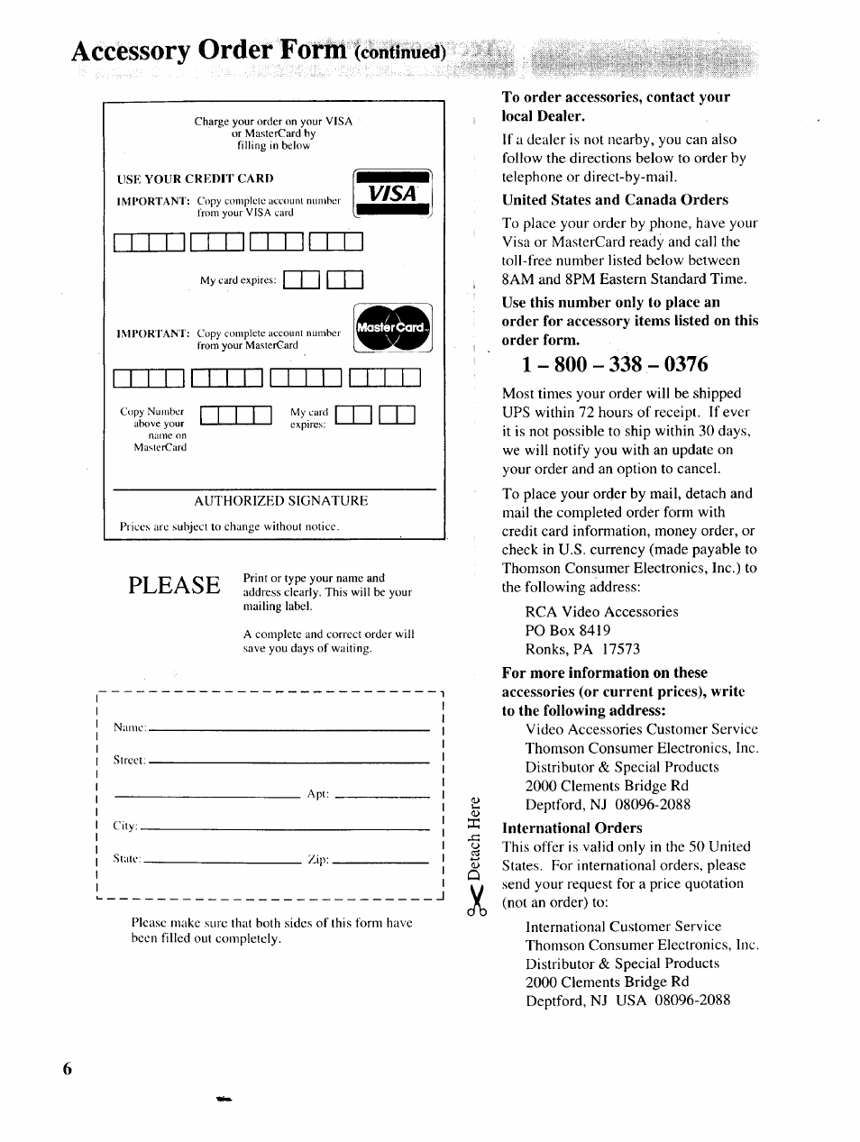 Accessory order form (continued), Accessory order form, Please | Continued) | RCA P46729 User Manual | Page 8 / 44
