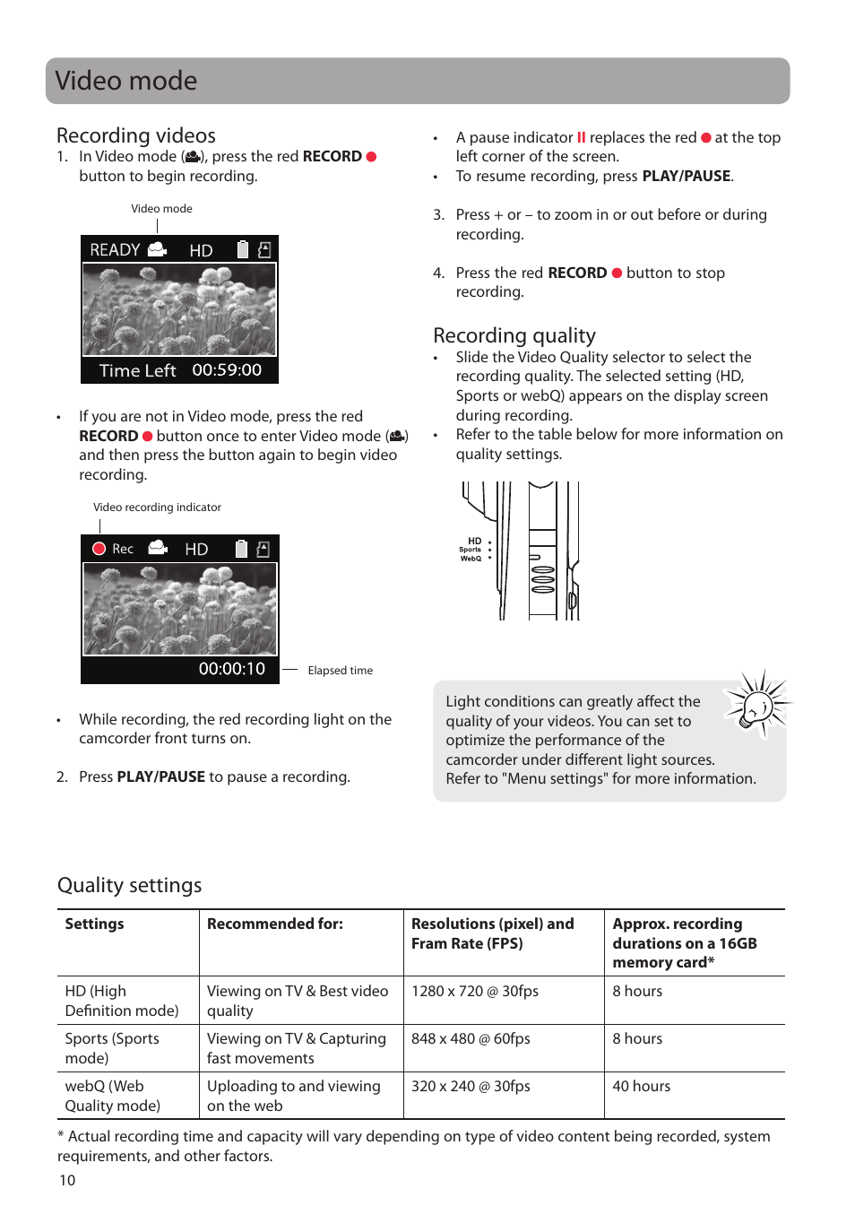 Video mode, Recording videos, Recording quality | Quality settings | RCA EZC209HD User Manual | Page 10 / 20