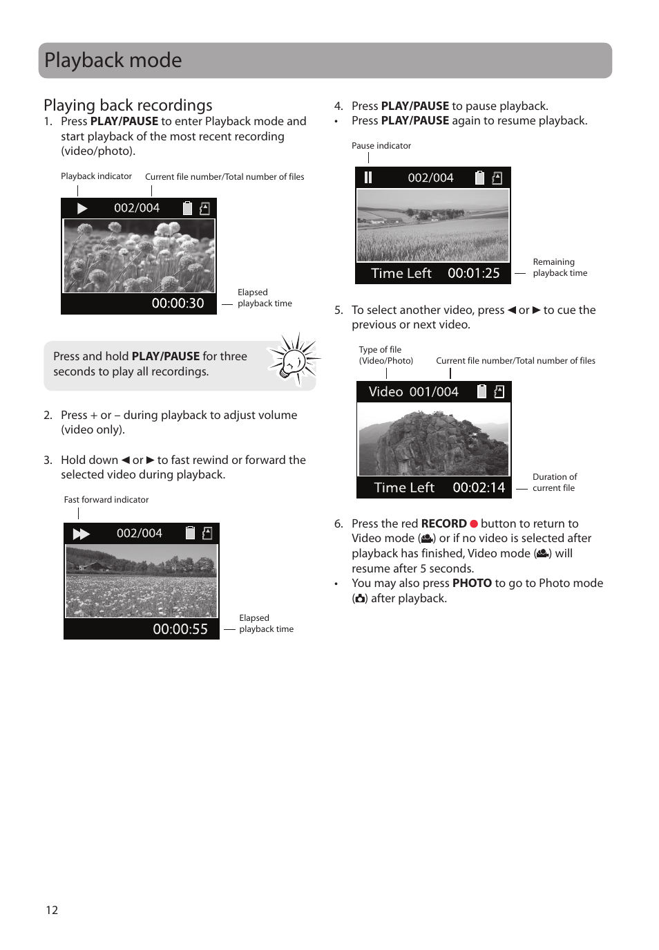 Playback mode, Playing back recordings | RCA EZC209HD User Manual | Page 12 / 20