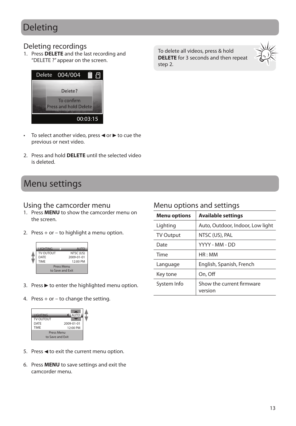 Deleting, Deleting recordings, Menu settings | Using the camcorder menu, Menu options and settings | RCA EZC209HD User Manual | Page 13 / 20