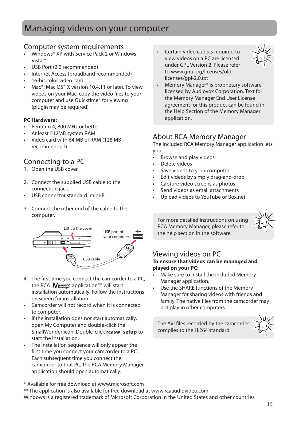 Managing videos on your computer, Computer system requirements, Connecting to a pc | About rca memory manager, Viewing videos on pc | RCA EZC209HD User Manual | Page 15 / 20