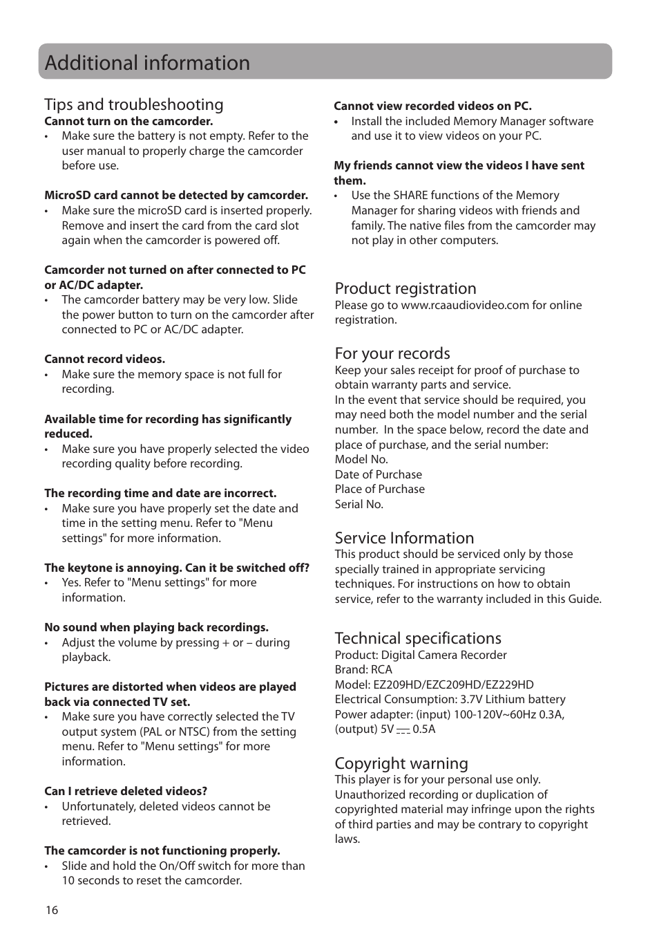 Additional information, Tips and troubleshooting, Product registration | For your records, Service information, Technical specifications, Copyright warning, Back up your data, Visiting rca website | RCA EZC209HD User Manual | Page 16 / 20