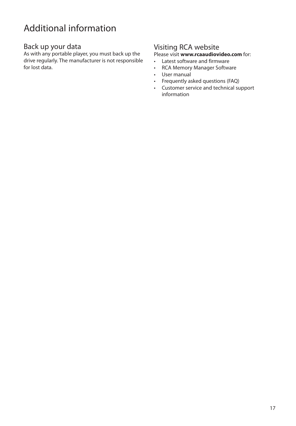 Warranty information, Limited warranty, Additional information | Back up your data, Visiting rca website | RCA EZC209HD User Manual | Page 17 / 20