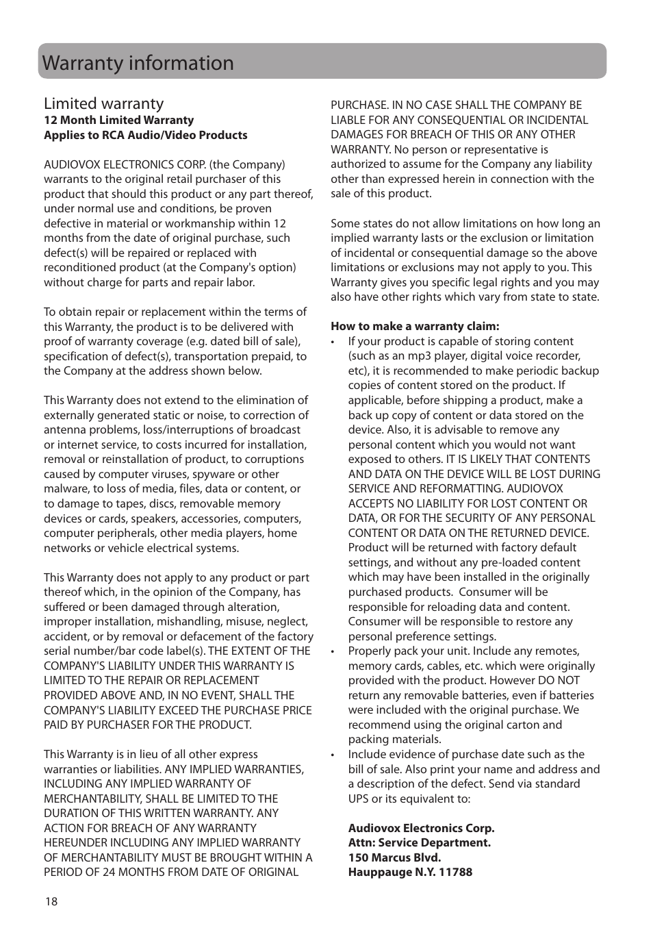 Warranty information, Limited warranty | RCA EZC209HD User Manual | Page 18 / 20