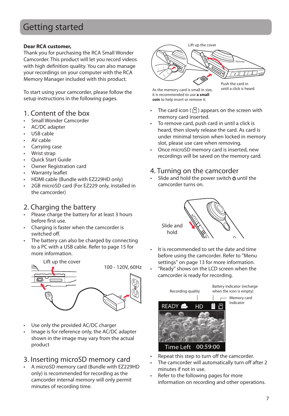 Getting started, Content of the box, Charging the battery | Inserting microsd memory card, Turning on the camcorder | RCA EZC209HD User Manual | Page 7 / 20