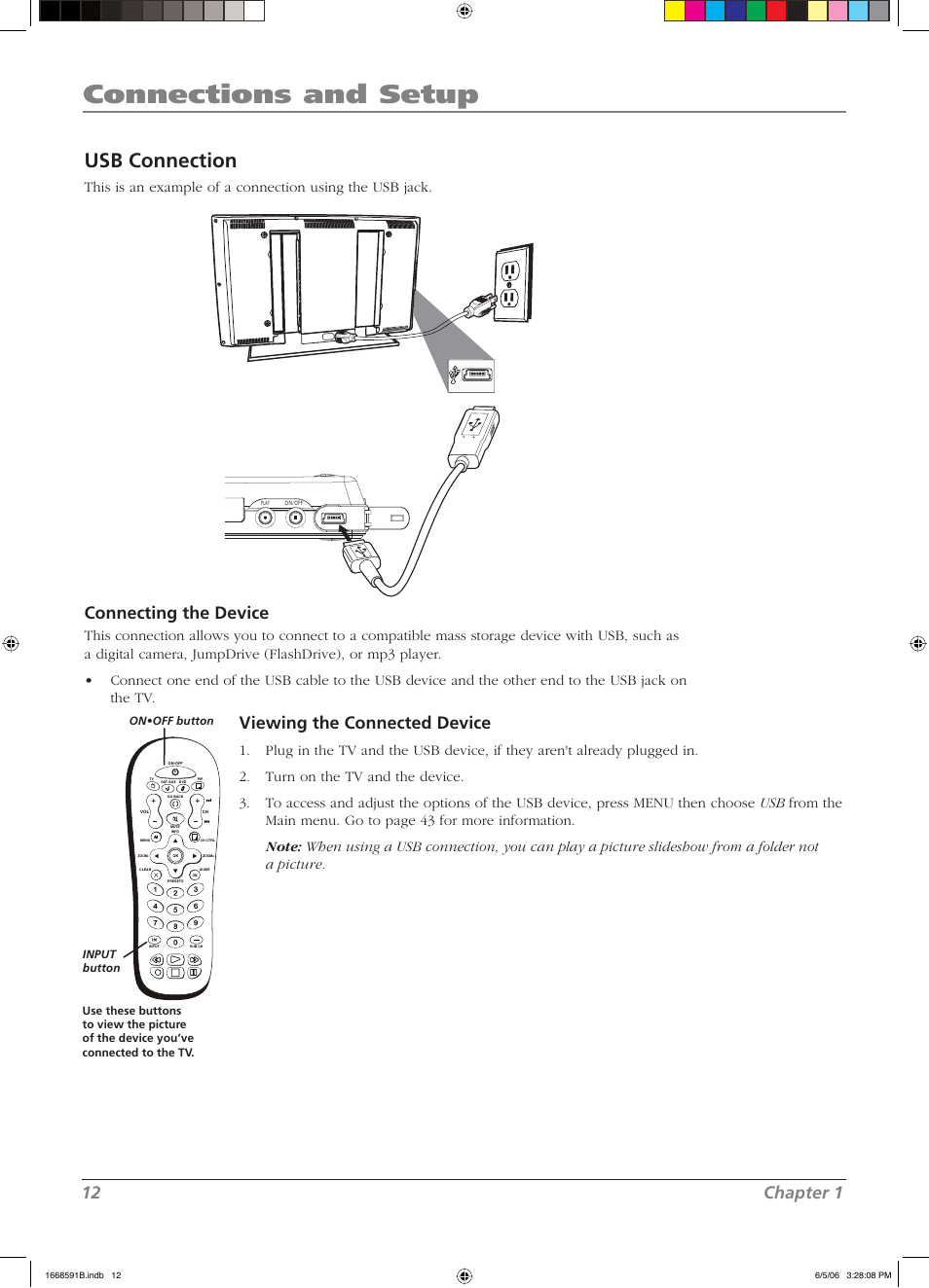 Connections and setup, Usb connection, 12 chapter 1 | Connecting the device, Viewing the connected device | RCA L37WD14 User Manual | Page 12 / 56