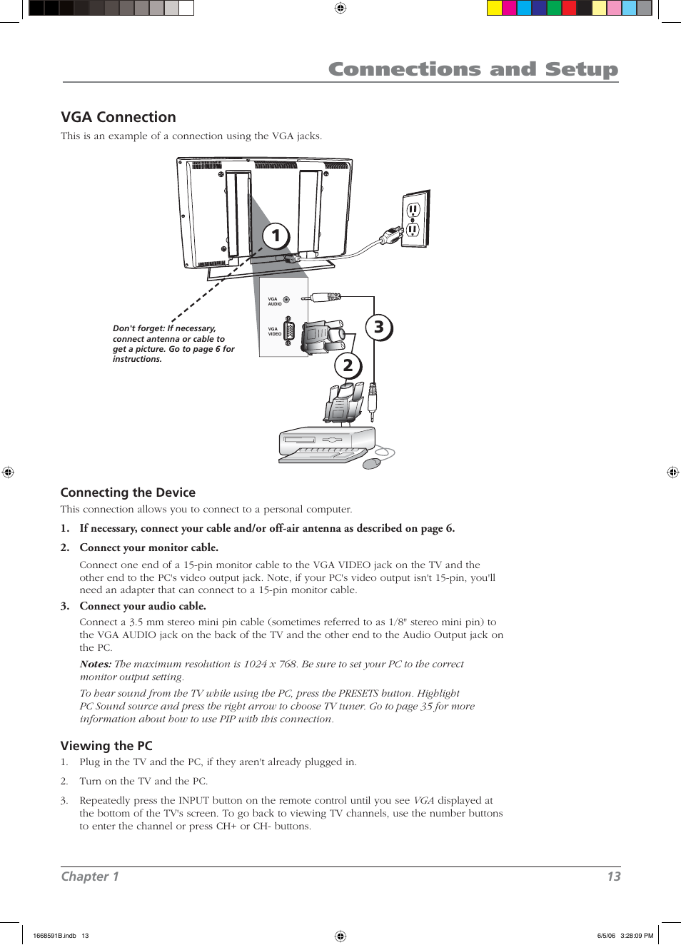 Connections and setup, Vga connection | RCA L37WD14 User Manual | Page 13 / 56