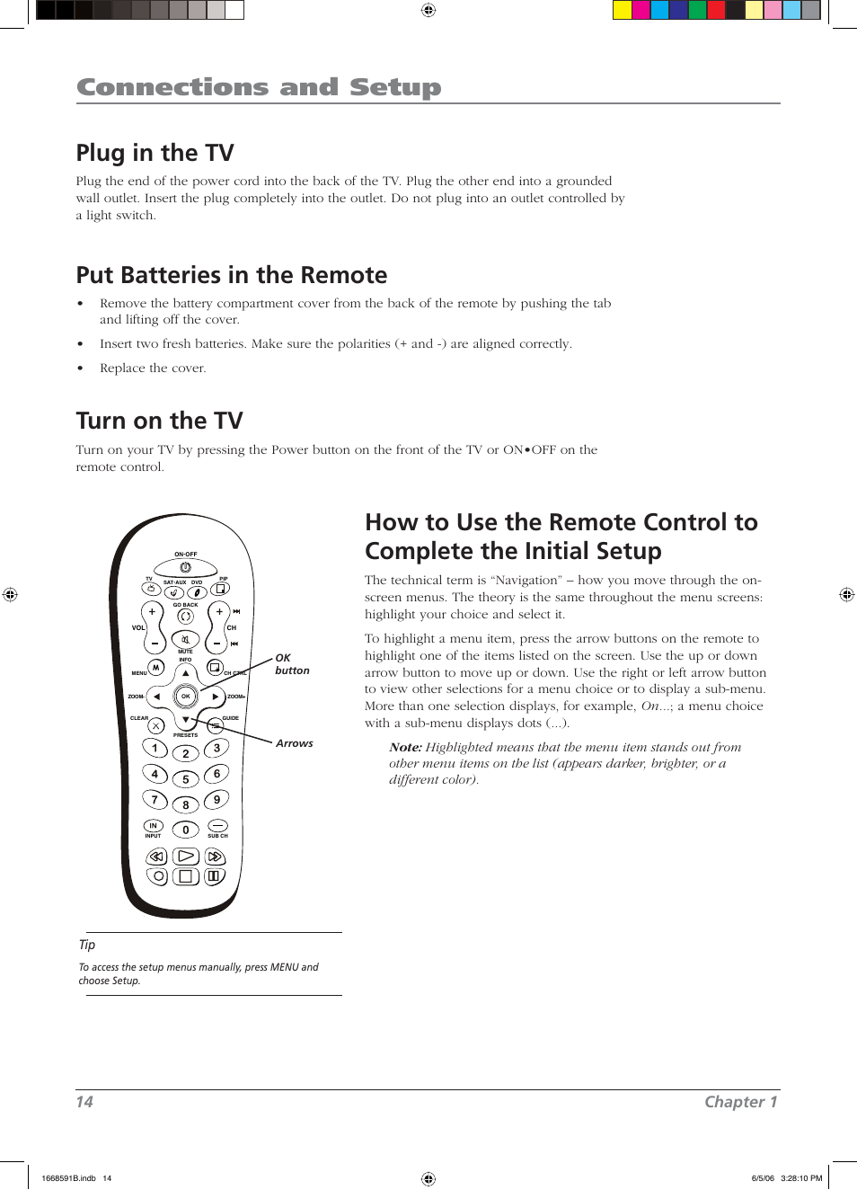 Connections and setup, Plug in the tv, Put batteries in the remote | Turn on the tv, 14 chapter 1 | RCA L37WD14 User Manual | Page 14 / 56