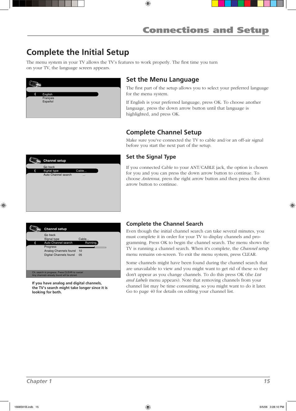 Connections and setup, Complete the initial setup, Set the menu language | Complete channel setup, Chapter 1 15, Set the signal type, Complete the channel search | RCA L37WD14 User Manual | Page 15 / 56