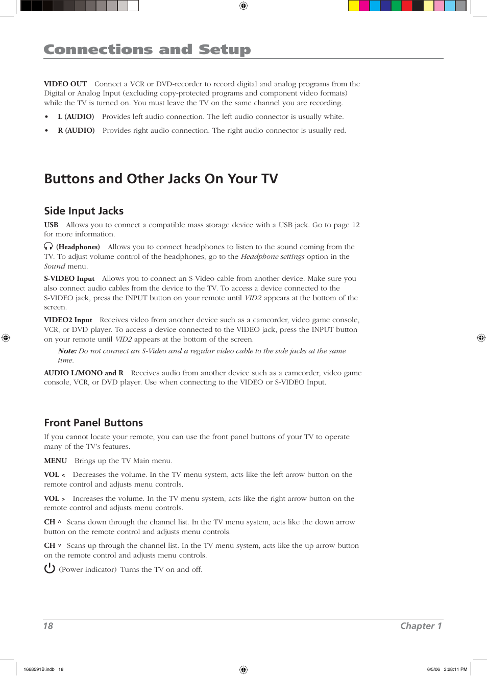 Connections and setup, Buttons and other jacks on your tv, Side input jacks | Front panel buttons | RCA L37WD14 User Manual | Page 18 / 56