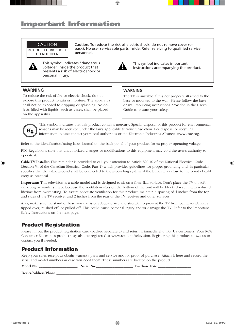 Important information, Product registration, Product information | RCA L37WD14 User Manual | Page 2 / 56