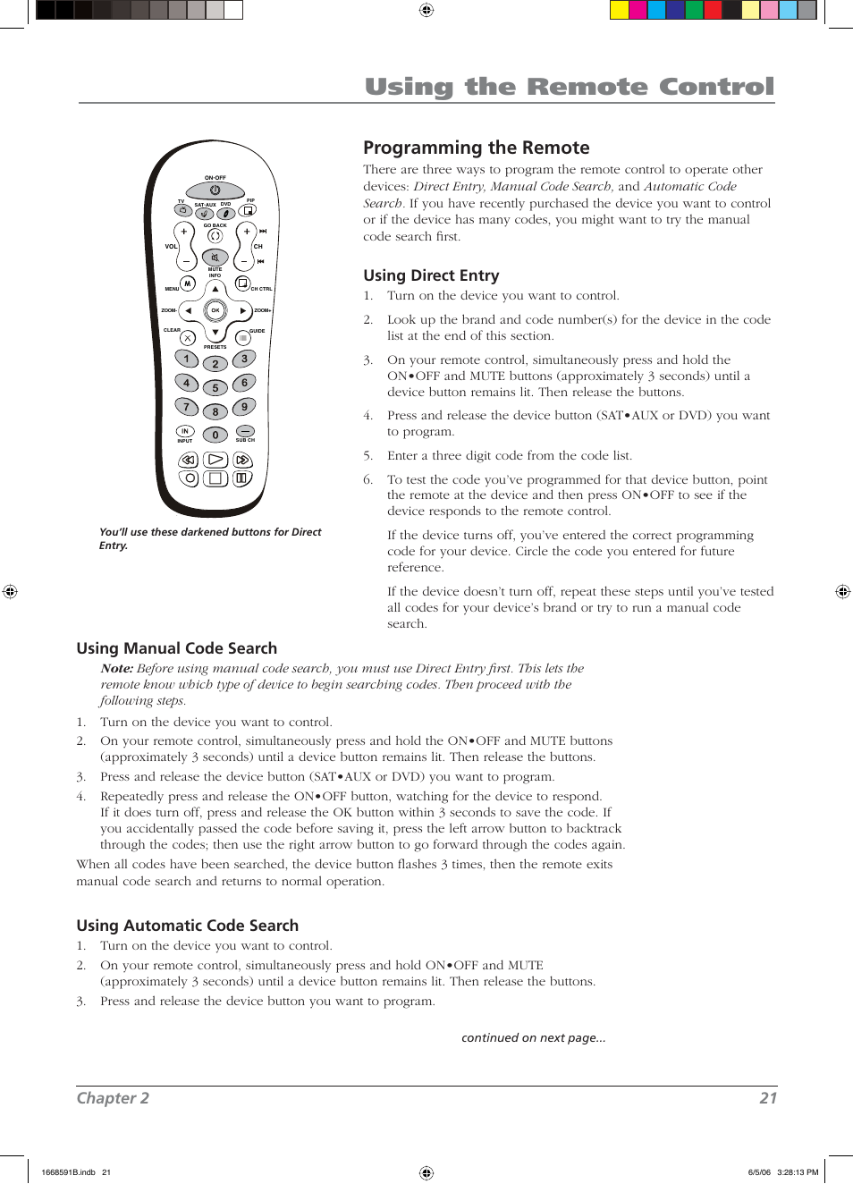 Using the remote control, Programming the remote, Chapter 2 21 | Using direct entry, Using manual code search, Using automatic code search | RCA L37WD14 User Manual | Page 21 / 56