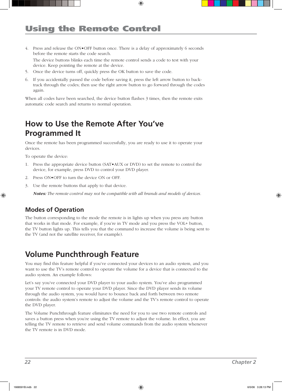 Using the remote control, How to use the remote after you’ve programmed it, Volume punchthrough feature | Modes of operation | RCA L37WD14 User Manual | Page 22 / 56