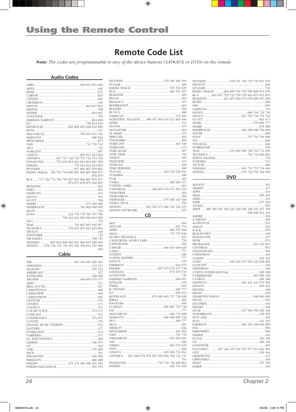 Using the remote control, Remote code list, 24 chapter 2 | RCA L37WD14 User Manual | Page 24 / 56