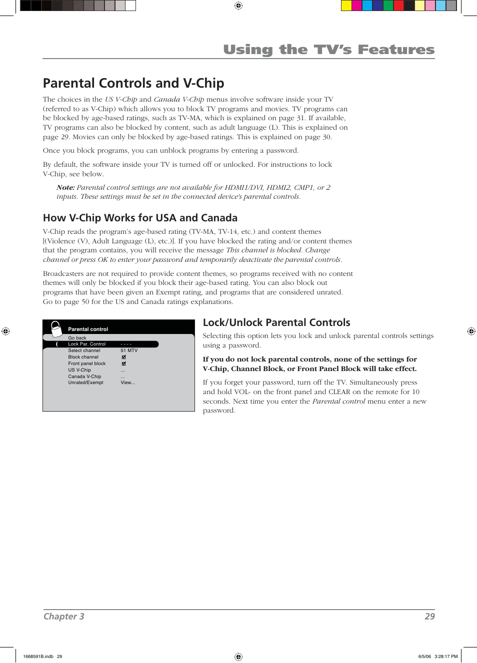 Using the tv’s features, Parental controls and v-chip, How v- chip works for usa and canada | Lock/unlock parental controls, Chapter 3 29 | RCA L37WD14 User Manual | Page 29 / 56