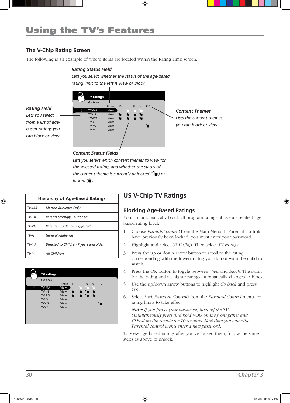 Using the tv’s features, Us v-chip tv ratings, 30 chapter 3 | The v-chip rating screen, Blocking age-based ratings | RCA L37WD14 User Manual | Page 30 / 56