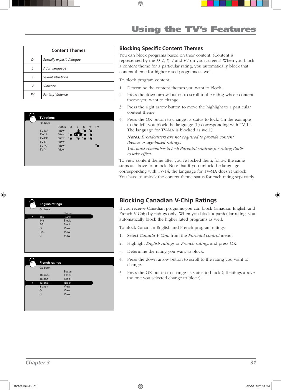 Using the tv’s features, Blocking canadian v-chip ratings, Chapter 3 31 | Blocking specifi c content themes | RCA L37WD14 User Manual | Page 31 / 56