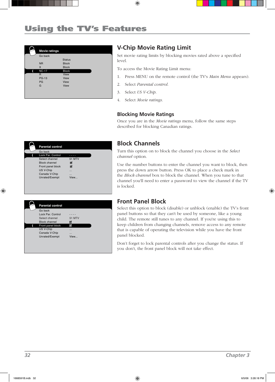 Using the tv’s features, V-chip movie rating limit, Block channels | Front panel block, 32 chapter 3, Blocking movie ratings | RCA L37WD14 User Manual | Page 32 / 56