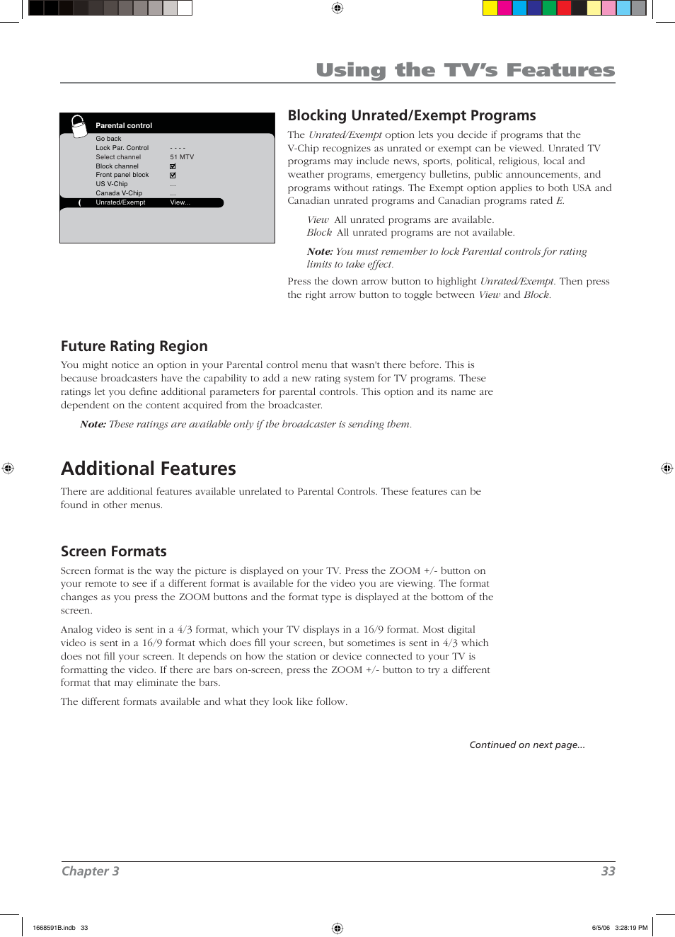 Using the tv’s features, Additional features, Blocking unrated/exempt programs | Future rating region, Screen formats, Chapter 3 33 | RCA L37WD14 User Manual | Page 33 / 56