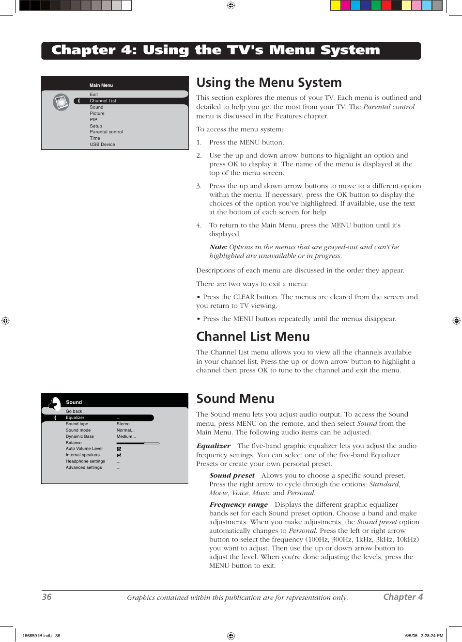 Channel list menu, Sound menu, 36 chapter 4 | RCA L37WD14 User Manual | Page 36 / 56