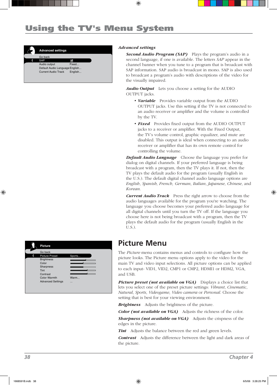 Using the tv's menu system, Picture menu, 38 chapter 4 | RCA L37WD14 User Manual | Page 38 / 56