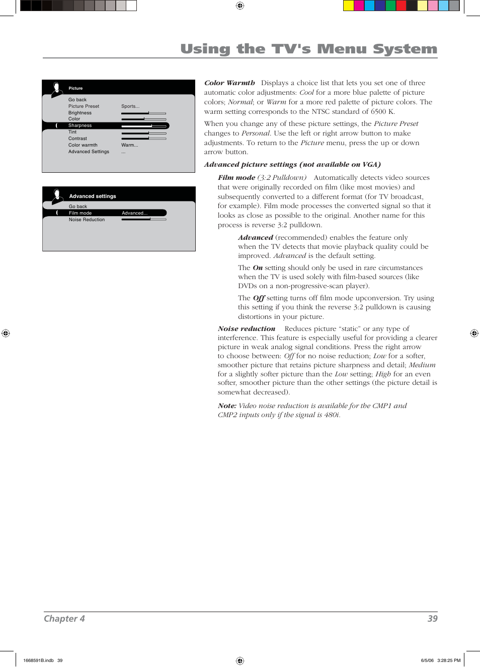 Using the tv's menu system, Chapter 4 39 | RCA L37WD14 User Manual | Page 39 / 56