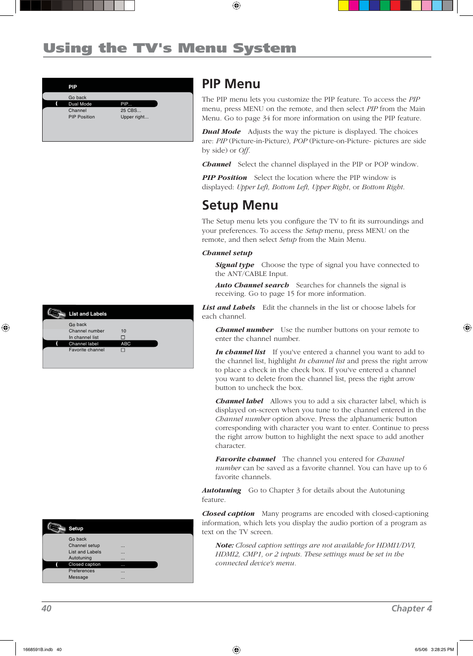 Using the tv's menu system, Pip menu, Setup menu | 40 chapter 4 | RCA L37WD14 User Manual | Page 40 / 56