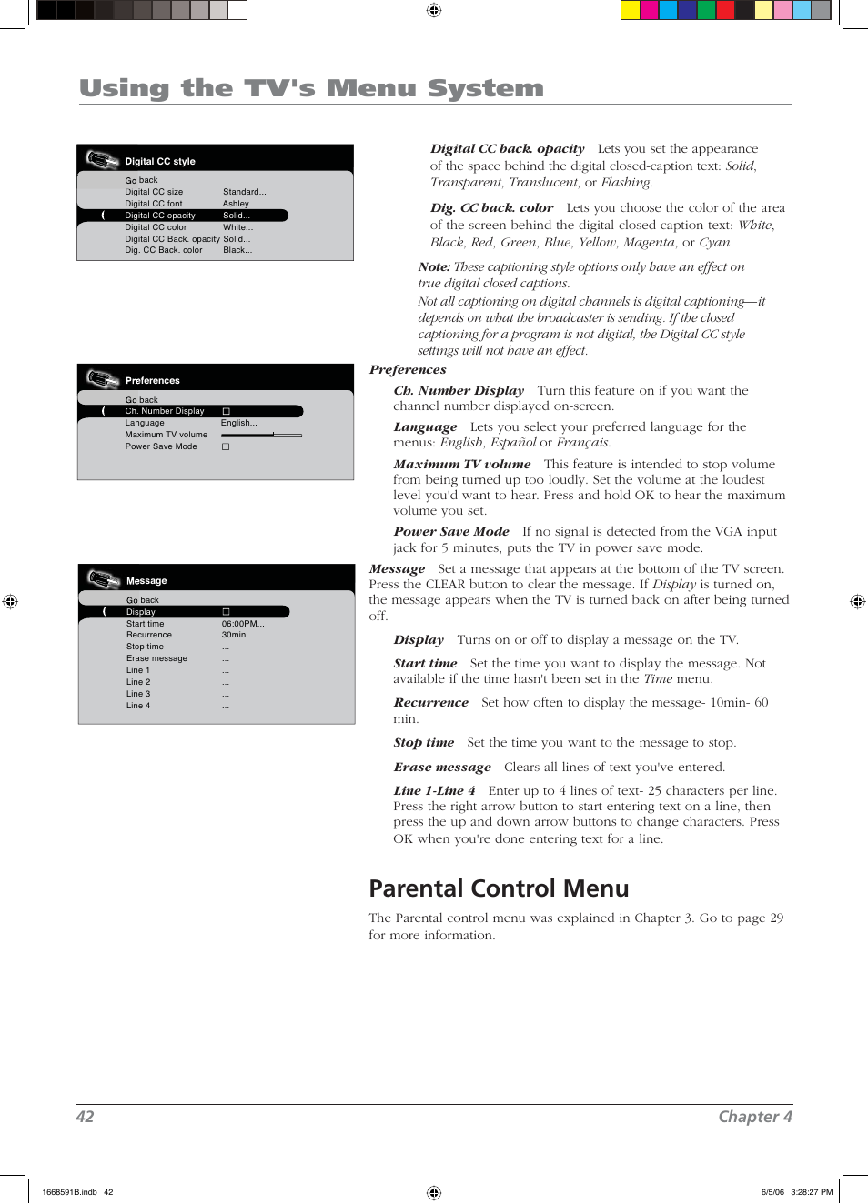 Using the tv's menu system, Parental control menu, 42 chapter 4 | RCA L37WD14 User Manual | Page 42 / 56