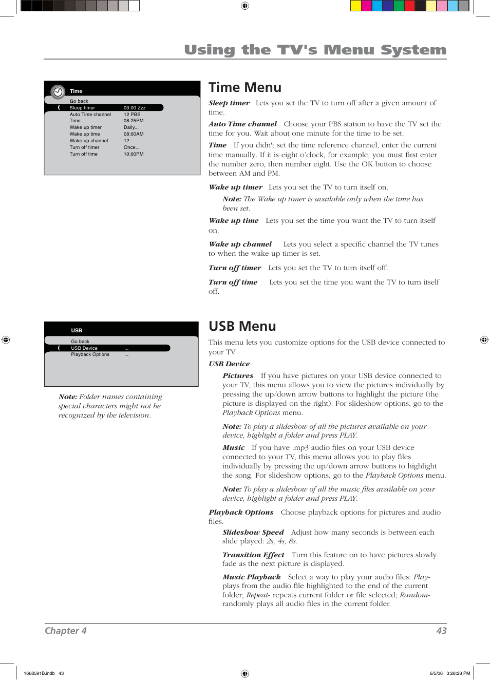 Using the tv's menu system, Time menu, Usb menu | Chapter 4 43 | RCA L37WD14 User Manual | Page 43 / 56