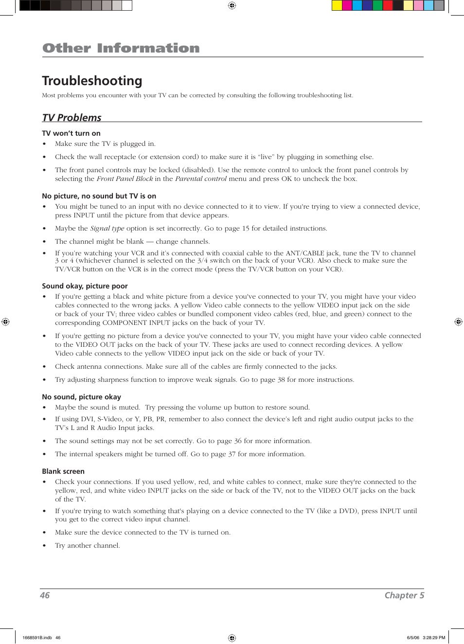 Other information troubleshooting, Tv problems | RCA L37WD14 User Manual | Page 46 / 56