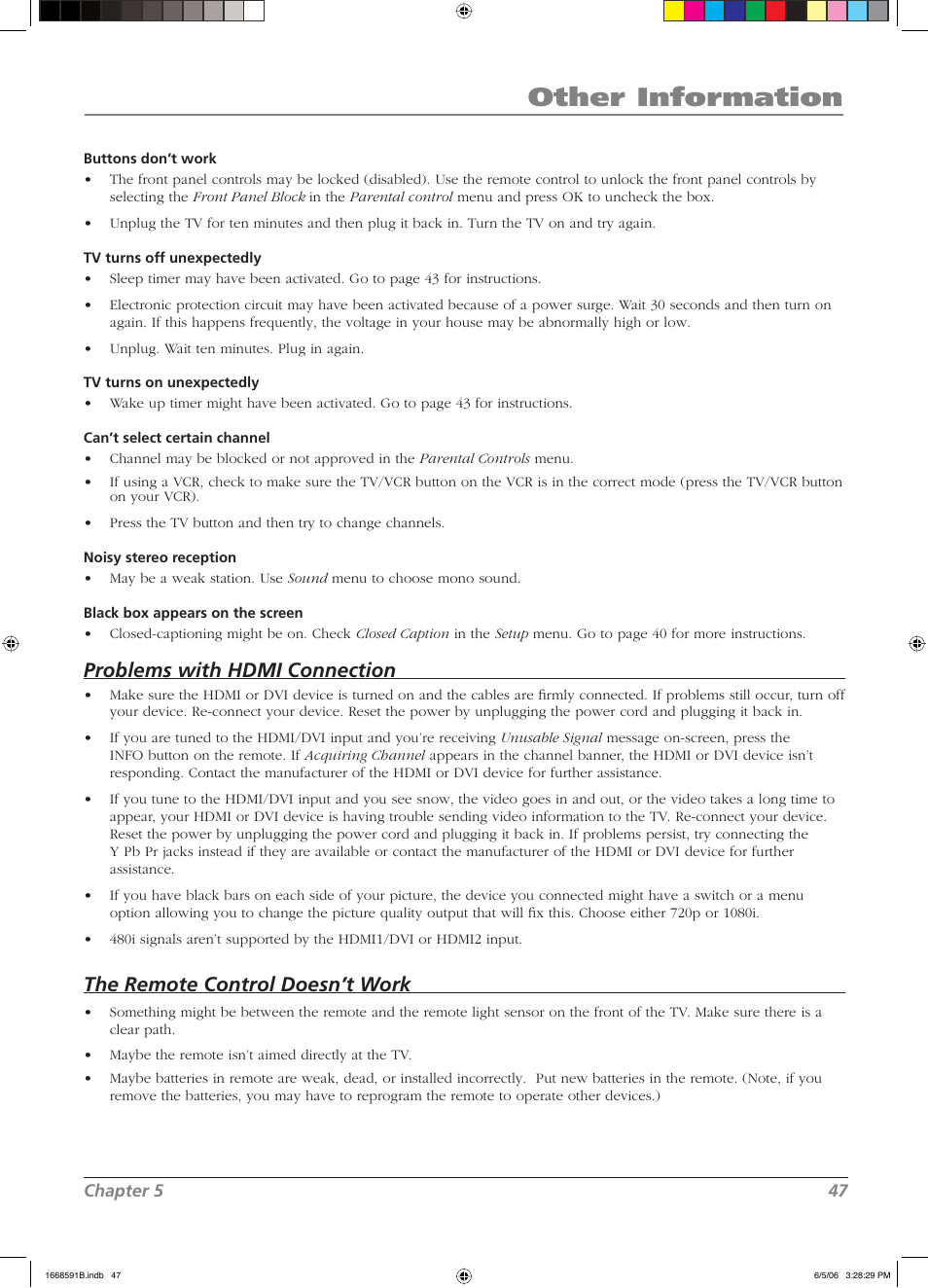 Other information, Problems with hdmi connection, The remote control doesn’t work | RCA L37WD14 User Manual | Page 47 / 56