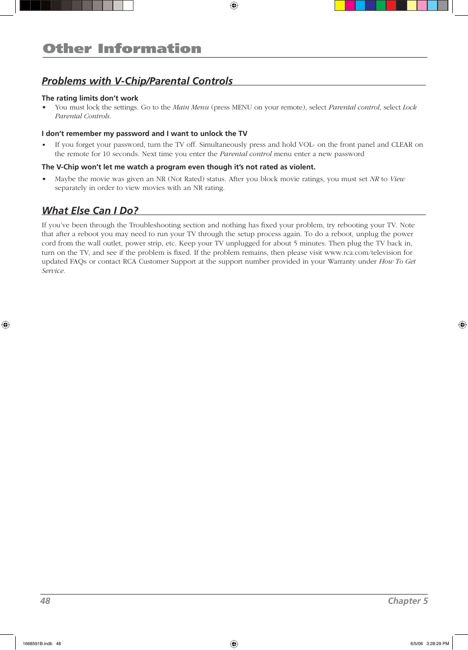 Other information, Problems with v-chip/parental controls, What else can i do | RCA L37WD14 User Manual | Page 48 / 56